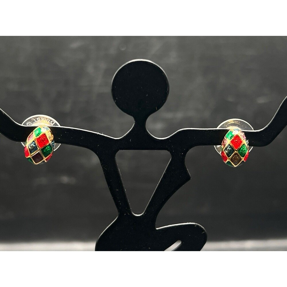 Vintage Joan Rivers Classics Harlequin Enamel Faberg Egg Stud Earrings